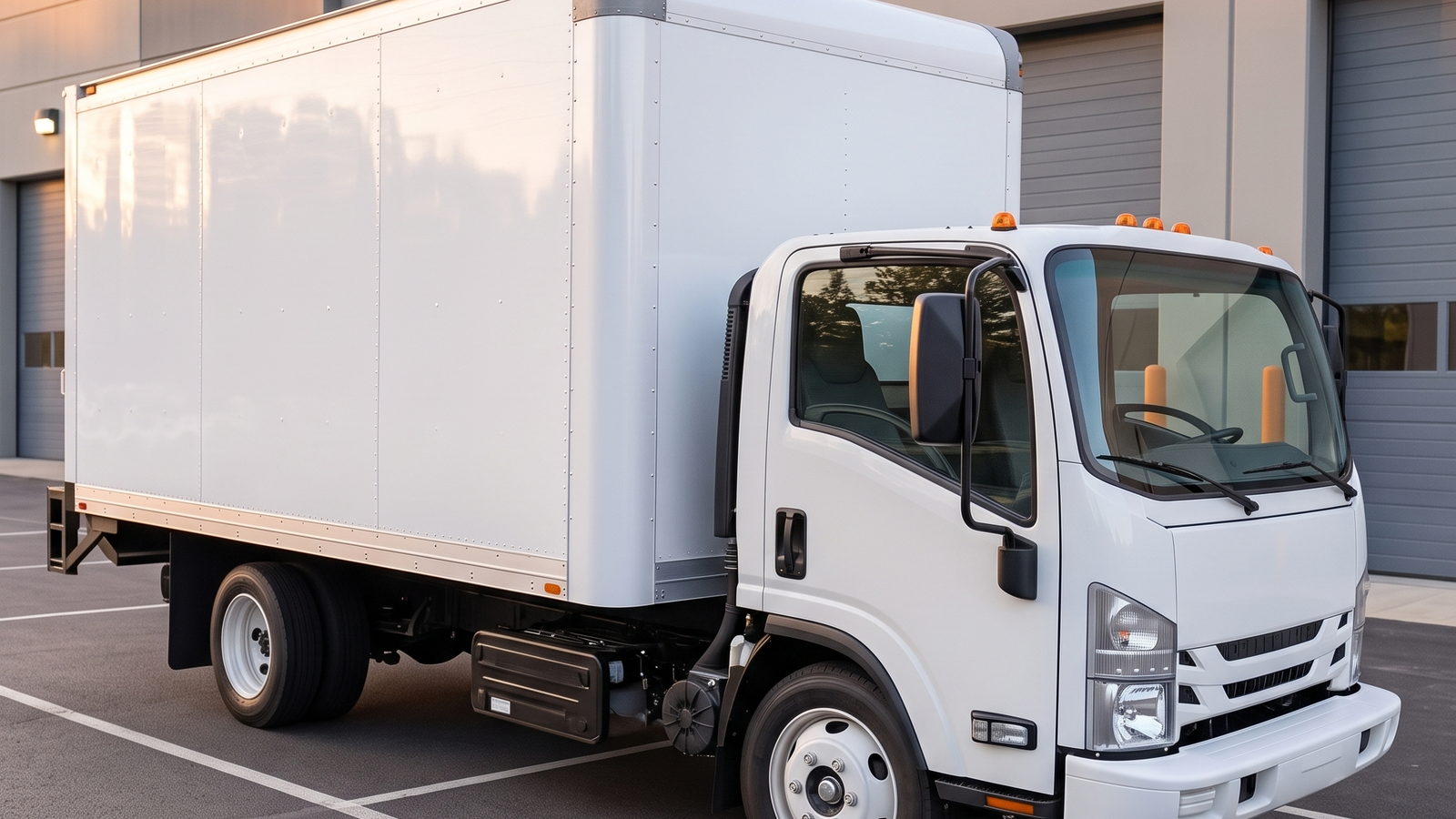White cabover box truck with a 16-foot body parked outside a commercial building