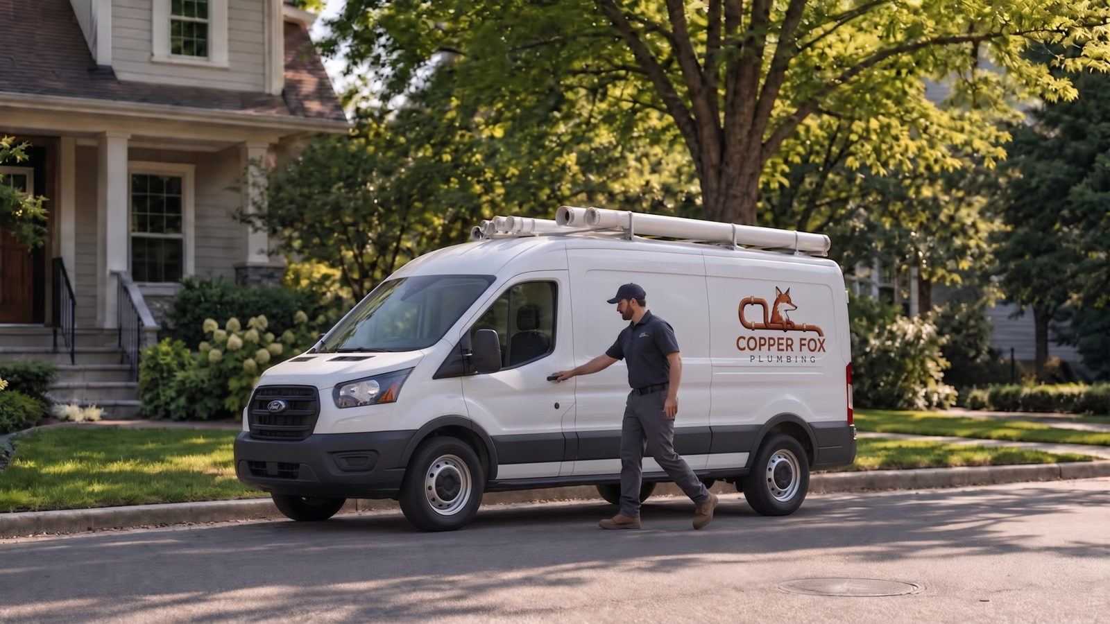 Technician walking to a wrapped plumbing service van outside a customer home