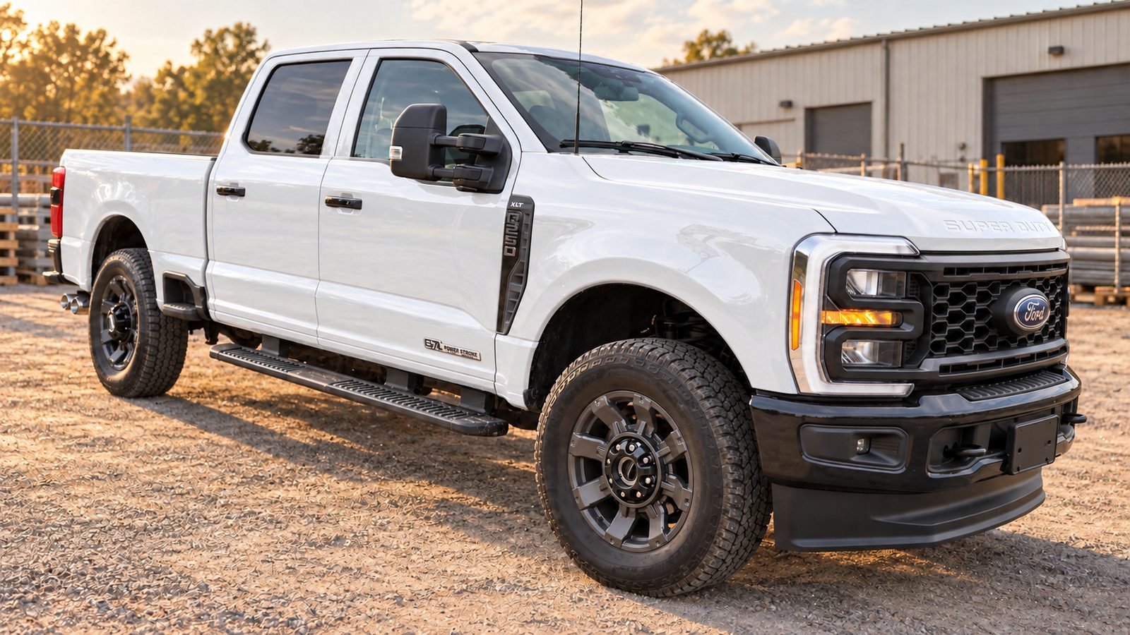 White Ford F-250 Super Duty crew-cab pickup parked outside a commercial building