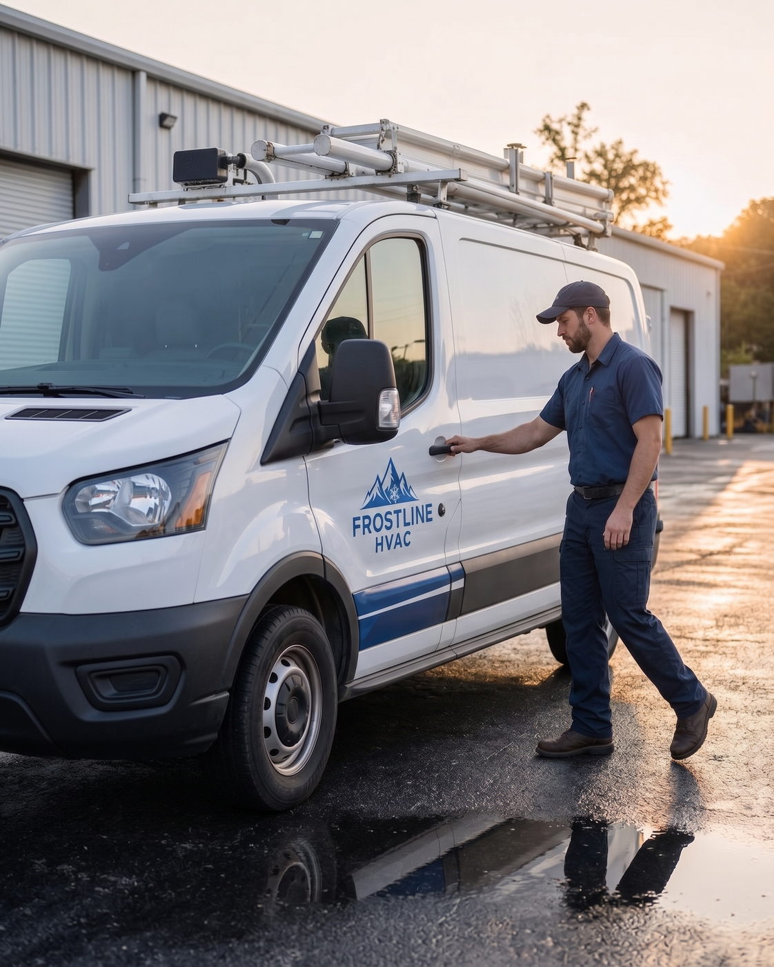 Technician opening the door of a wrapped HVAC service van outside a shop
