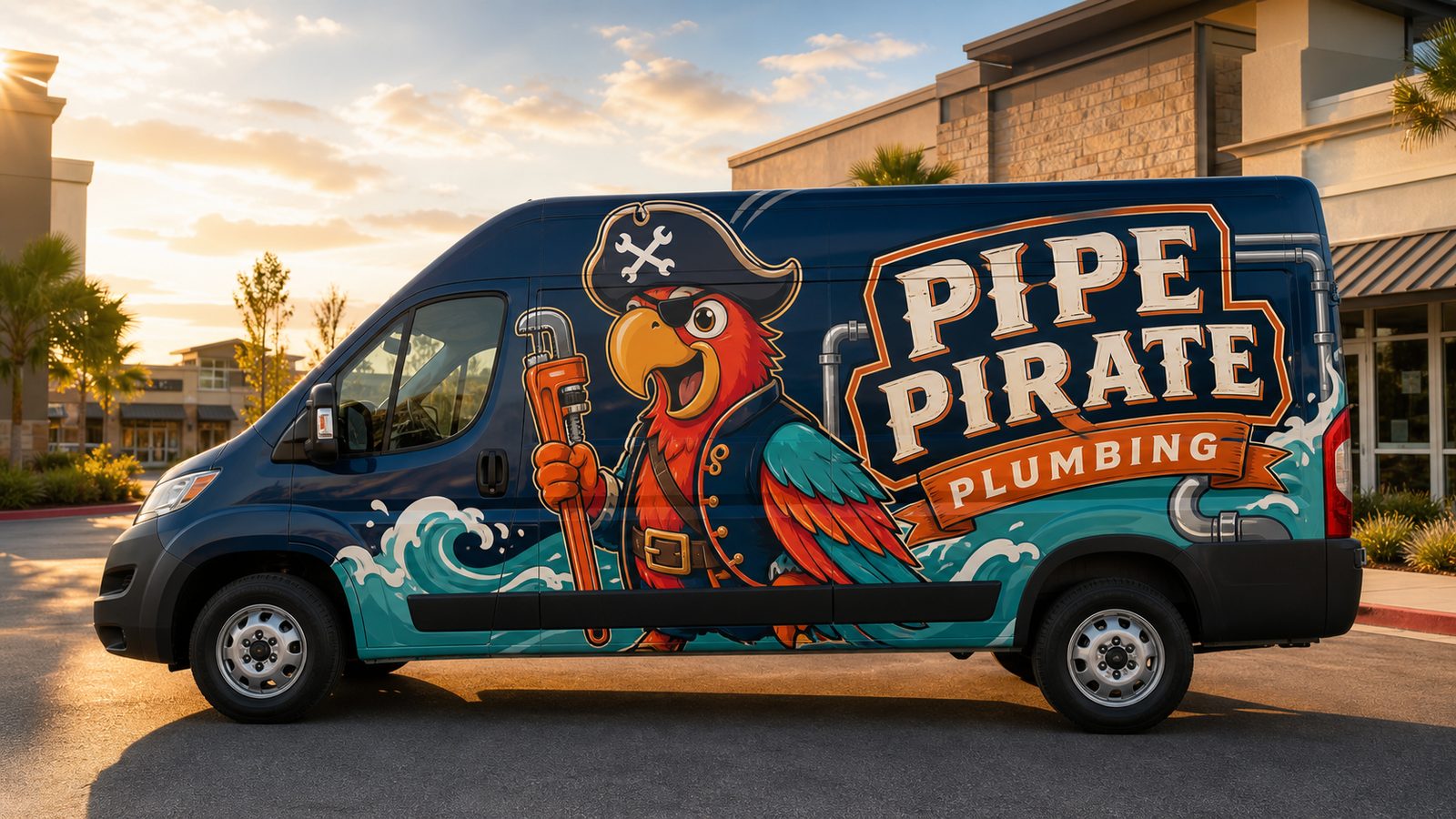 Wrapped plumbing service van outside a shop
